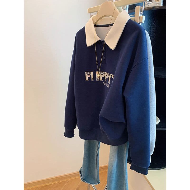 한국 스타일 후아 면 복잡한 우유 실크 특별 빅 사이즈 디자인 센스 POLO 칼라 자수 후드티 여성 가을 이미지 3