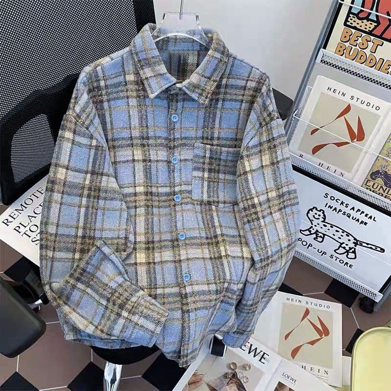 가을 겨울 새로운 두꺼운 모직 격자 무늬 셔츠 여성 코트 레트로 느긋한 루즈핏 중간 길이 품격 캐주얼 셔츠 이미지 5