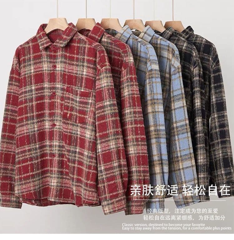 가을 겨울 새로운 두꺼운 모직 격자 무늬 셔츠 여성 코트 레트로 느긋한 루즈핏 중간 길이 품격 캐주얼 셔츠 상세 이미지 3