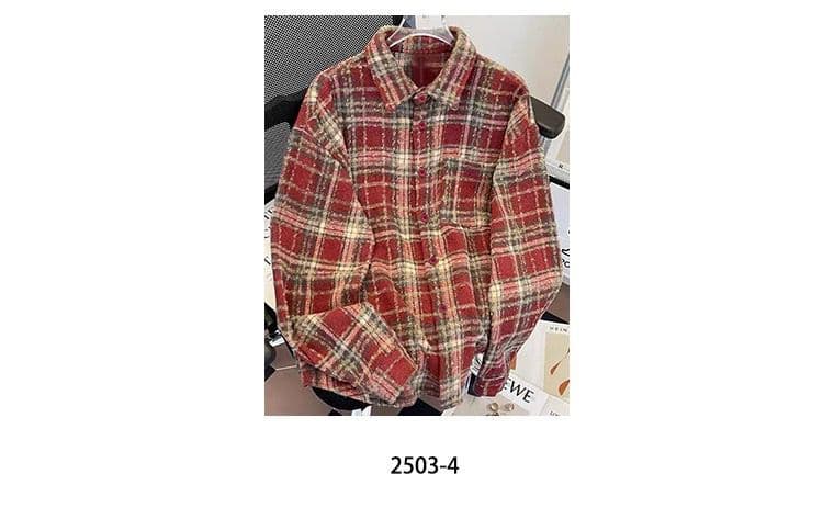 가을 겨울 새로운 두꺼운 모직 격자 무늬 셔츠 여성 코트 레트로 느긋한 루즈핏 중간 길이 품격 캐주얼 셔츠 상세 이미지 5