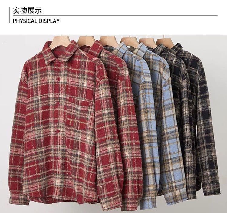 가을 겨울 새로운 두꺼운 모직 격자 무늬 셔츠 여성 코트 레트로 느긋한 루즈핏 중간 길이 품격 캐주얼 셔츠 상세 이미지 6