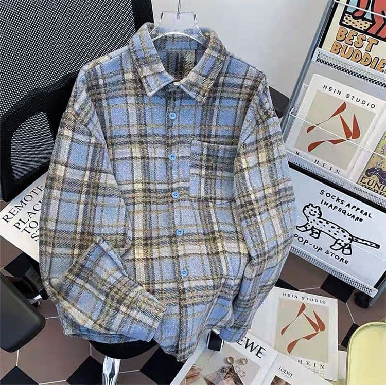 가을 겨울 새로운 두꺼운 모직 격자 무늬 셔츠 여성 코트 레트로 느긋한 루즈핏 중간 길이 품격 캐주얼 셔츠 상세 이미지 10