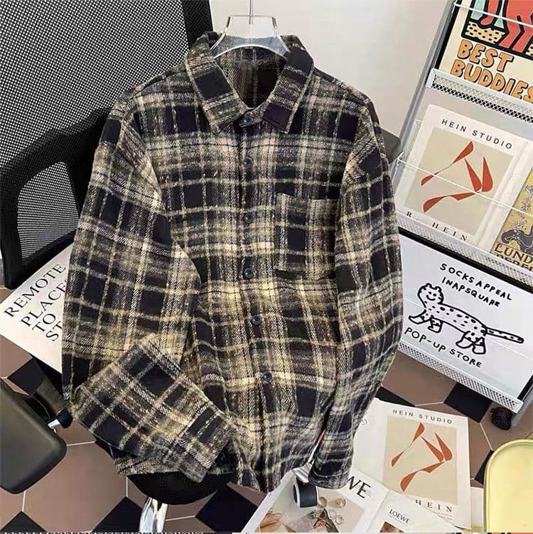 가을 겨울 새로운 두꺼운 모직 격자 무늬 셔츠 여성 코트 레트로 느긋한 루즈핏 중간 길이 품격 캐주얼 셔츠 상세 이미지 12