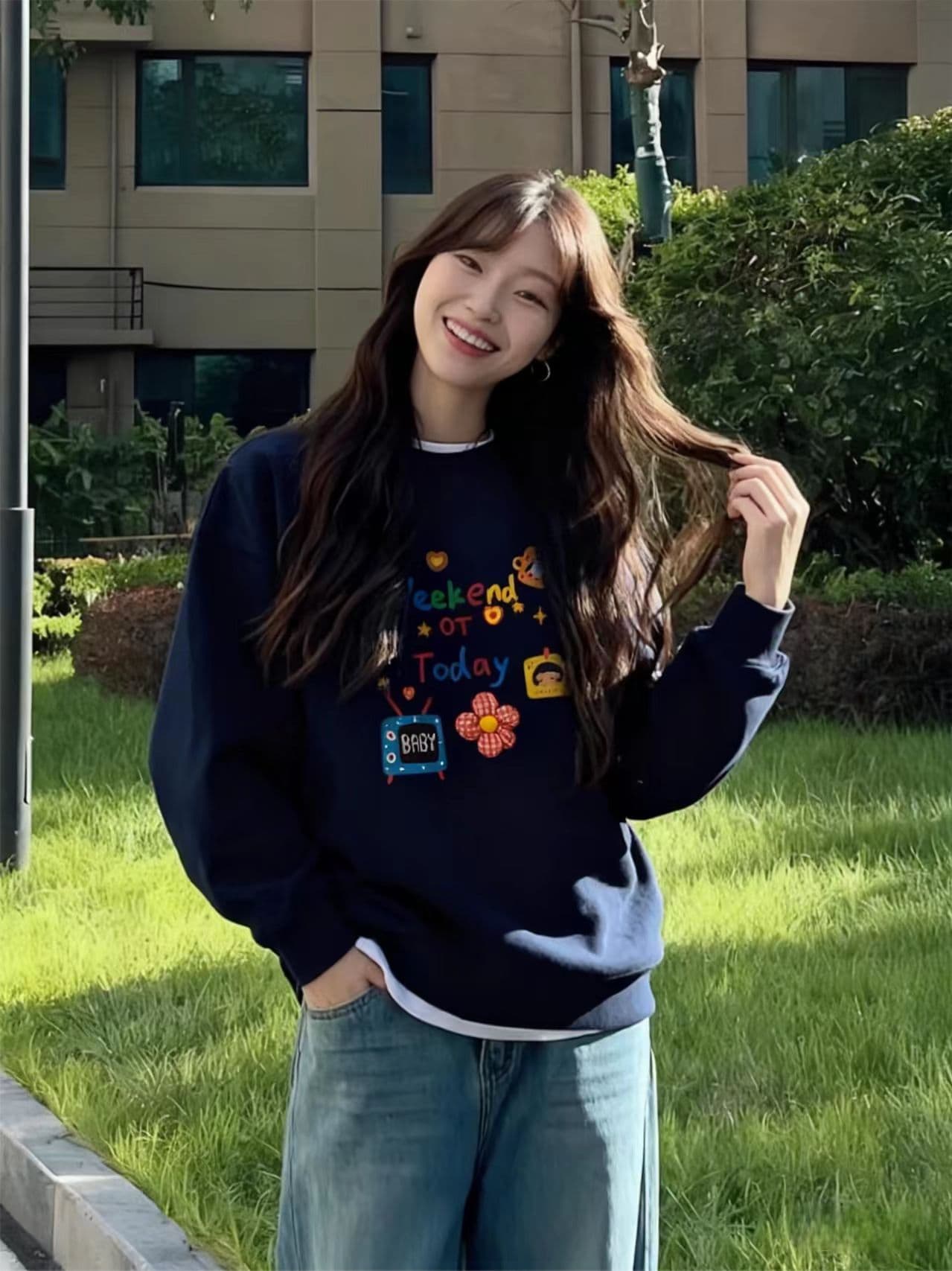 한국 스타일 루즈핏 빅 사이즈 라운드 넥 후드티 여성 가을 다용도 연령 감소 맨위 재킷 상세 이미지 2