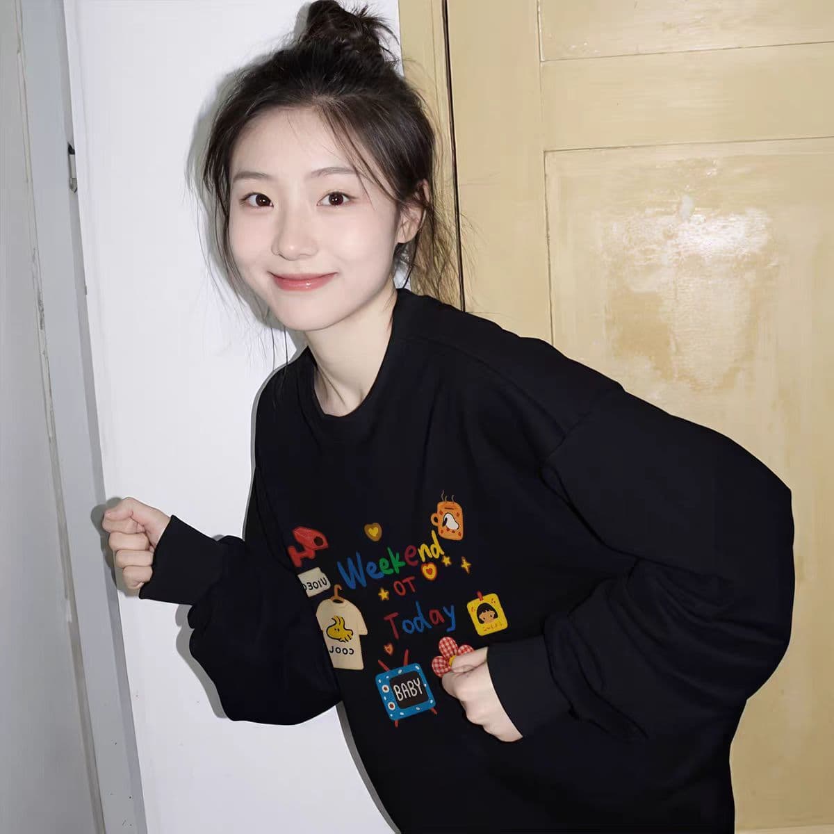 한국 스타일 루즈핏 빅 사이즈 라운드 넥 후드티 여성 가을 다용도 연령 감소 맨위 재킷 상세 이미지 5
