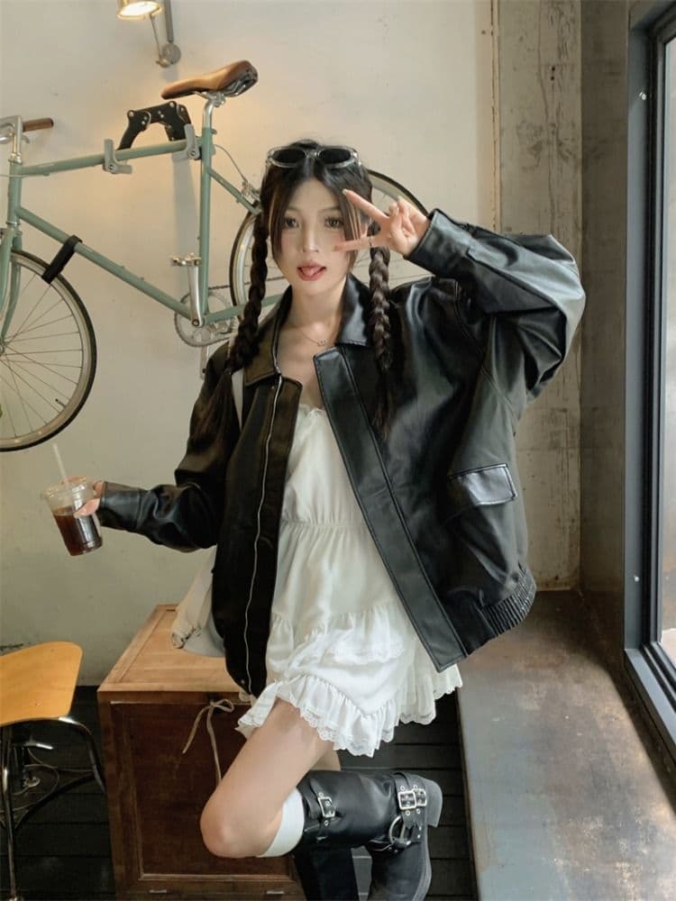 작은 샤넬 스타일 가죽 재킷 짧은 외투 2026 년 여성 새로운 가을 겨울철 아메리칸 작은 키 가죽 자켓 봄 가을 맨위 이미지 3