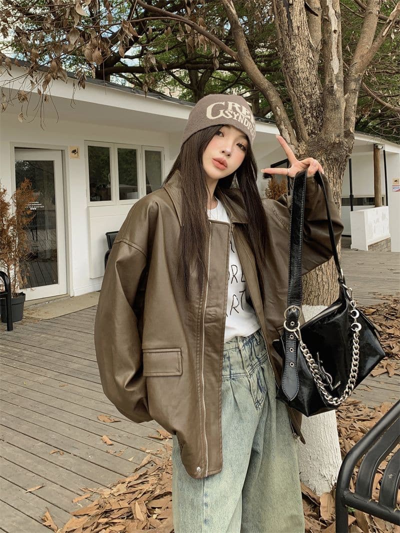 작은 샤넬 스타일 가죽 재킷 짧은 외투 2026 년 여성 새로운 가을 겨울철 아메리칸 작은 키 가죽 자켓 봄 가을 맨위 상세 이미지 1