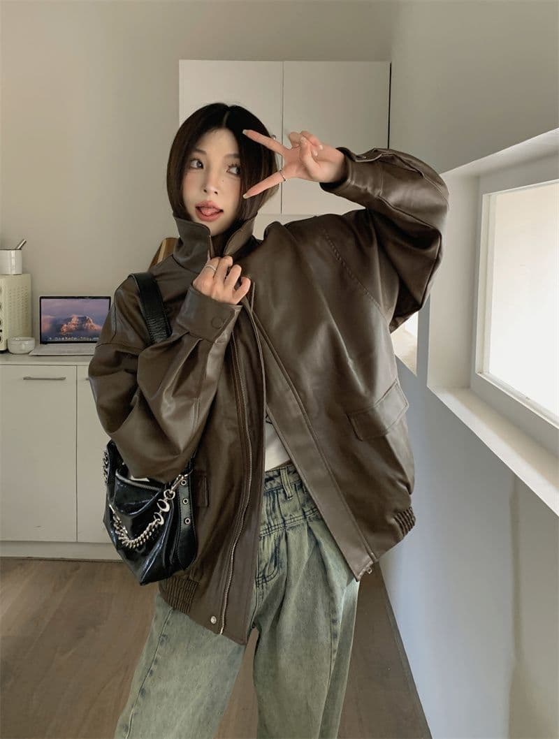 작은 샤넬 스타일 가죽 재킷 짧은 외투 2026 년 여성 새로운 가을 겨울철 아메리칸 작은 키 가죽 자켓 봄 가을 맨위 상세 이미지 3