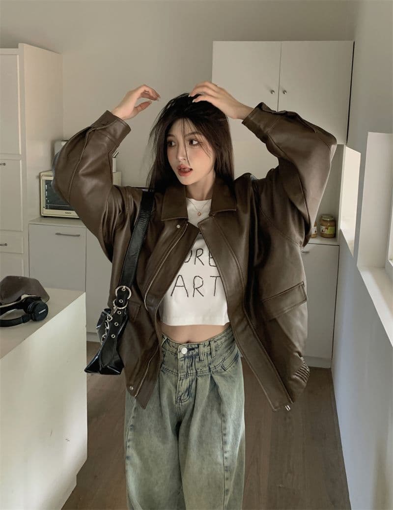 작은 샤넬 스타일 가죽 재킷 짧은 외투 2026 년 여성 새로운 가을 겨울철 아메리칸 작은 키 가죽 자켓 봄 가을 맨위 상세 이미지 6
