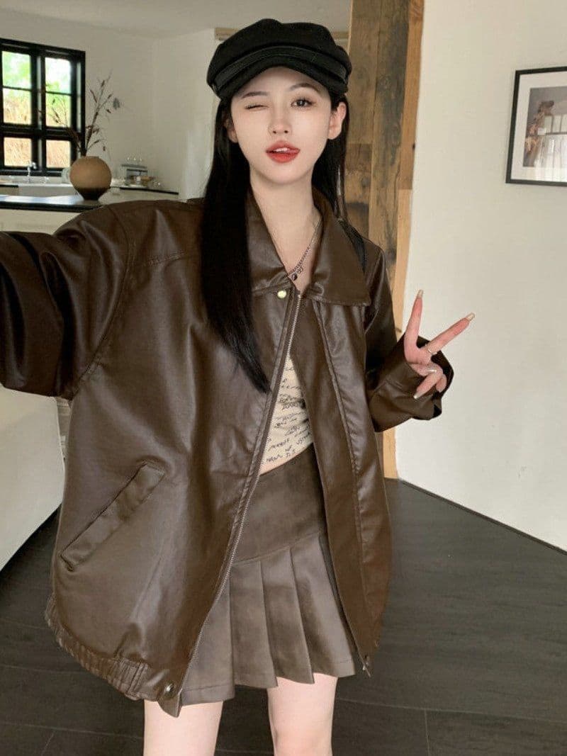 검정색 PU 가죽 외투 오토바이 서비스 한국 스타일 루즈핏 패션 고급 소프트 스킨 레트로 재킷 맨위 상세 이미지 1