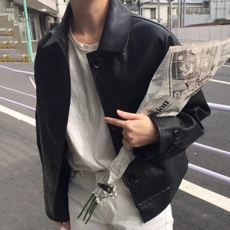 한국 chic 가을 레트로 잘 생긴 폴로 칼라 싱글 줄 버튼 루즈핏 캐주얼 긴팔 오토바이 서비스 가죽 재킷 짧은 여성 코트 이미지 3