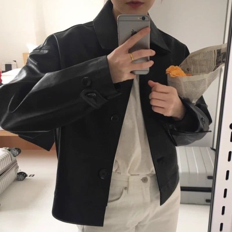 한국 chic 가을 레트로 잘 생긴 폴로 칼라 싱글 줄 버튼 루즈핏 캐주얼 긴팔 오토바이 서비스 가죽 재킷 짧은 여성 코트 이미지 4