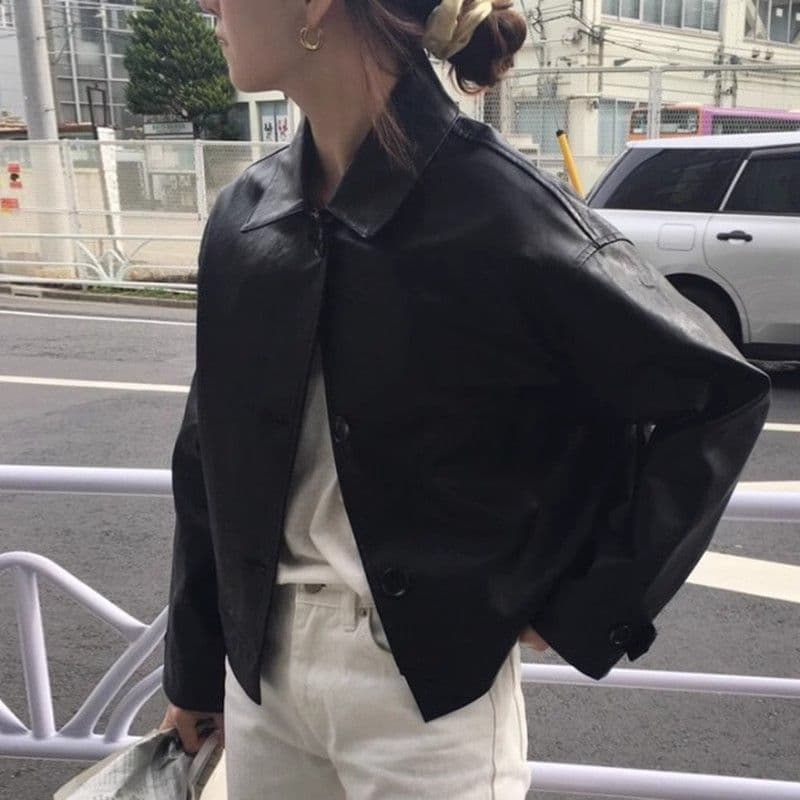 한국 chic 가을 레트로 잘 생긴 폴로 칼라 싱글 줄 버튼 루즈핏 캐주얼 긴팔 오토바이 서비스 가죽 재킷 짧은 여성 코트