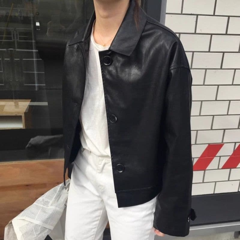 한국 chic 가을 레트로 잘 생긴 폴로 칼라 싱글 줄 버튼 루즈핏 캐주얼 긴팔 오토바이 서비스 가죽 재킷 짧은 여성 코트 이미지 2