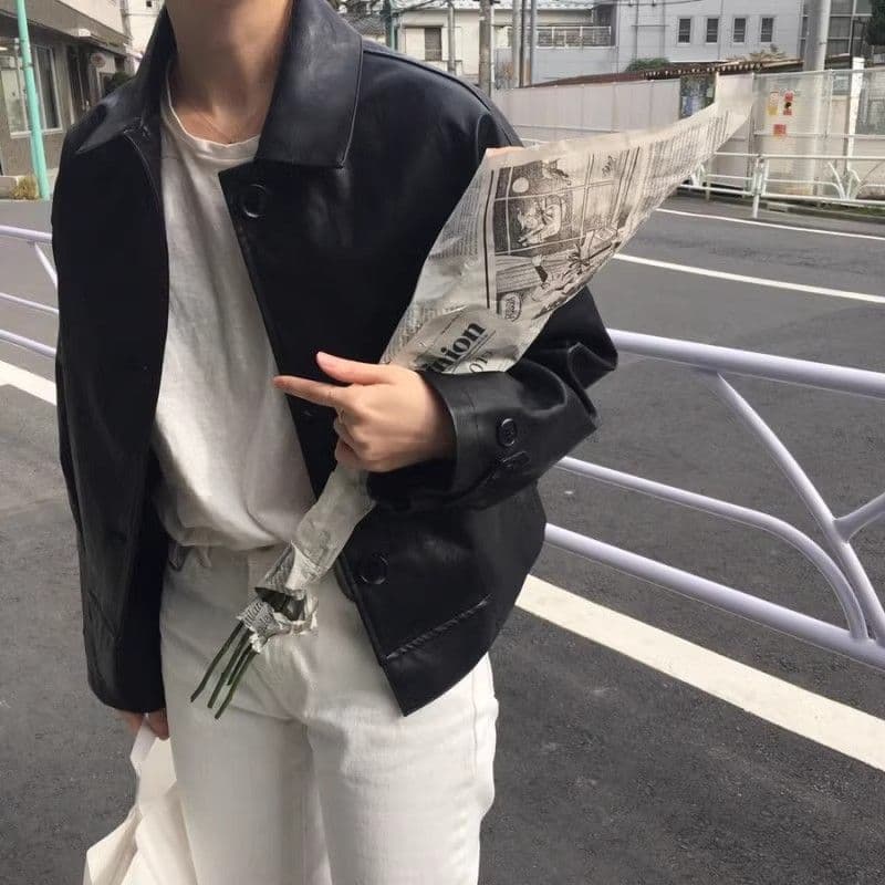 한국 chic 가을 레트로 잘 생긴 폴로 칼라 싱글 줄 버튼 루즈핏 캐주얼 긴팔 오토바이 서비스 가죽 재킷 짧은 여성 코트 상세 이미지 8