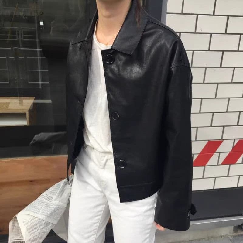 한국 chic 가을 레트로 잘 생긴 폴로 칼라 싱글 줄 버튼 루즈핏 캐주얼 긴팔 오토바이 서비스 가죽 재킷 짧은 여성 코트 상세 이미지 11