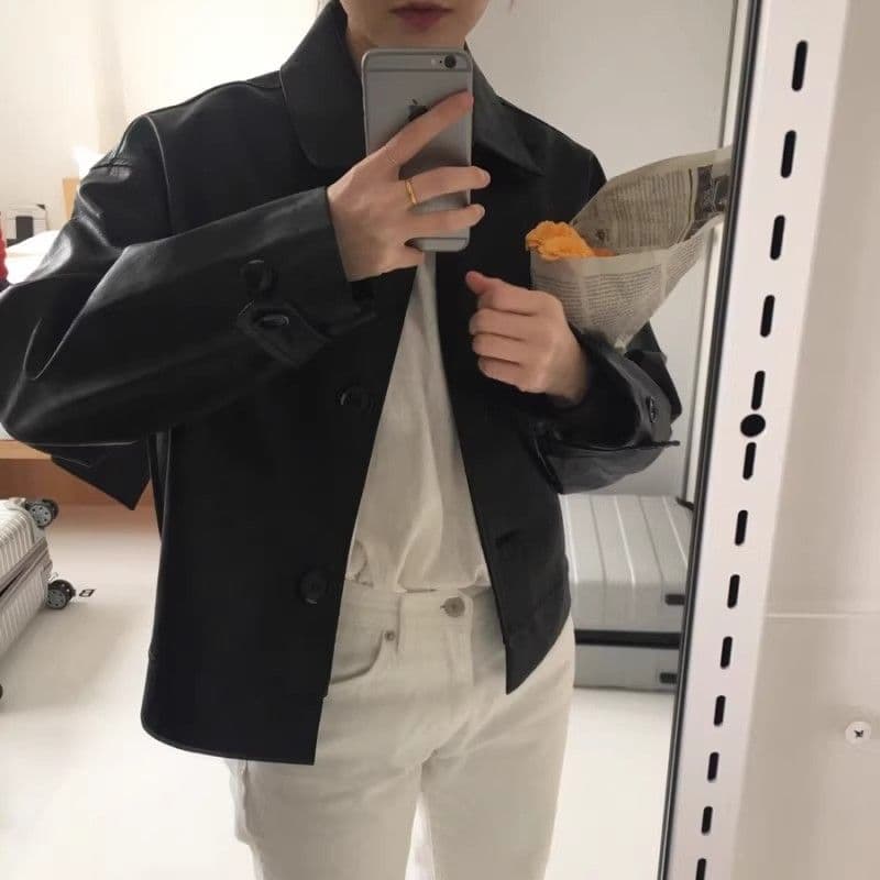 한국 chic 가을 레트로 잘 생긴 폴로 칼라 싱글 줄 버튼 루즈핏 캐주얼 긴팔 오토바이 서비스 가죽 재킷 짧은 여성 코트 상세 이미지 13