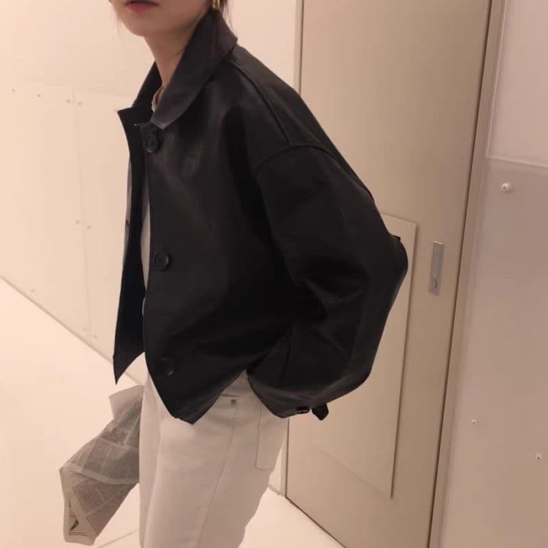 한국 chic 가을 레트로 잘 생긴 폴로 칼라 싱글 줄 버튼 루즈핏 캐주얼 긴팔 오토바이 서비스 가죽 재킷 짧은 여성 코트 상세 이미지 14