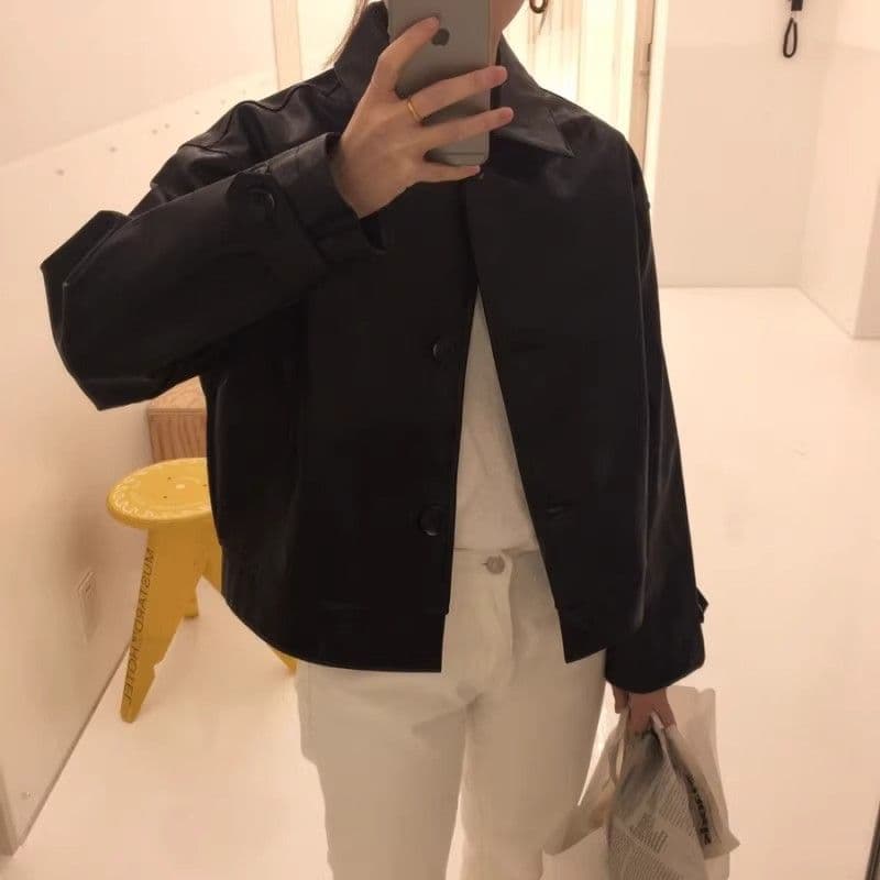 한국 chic 가을 레트로 잘 생긴 폴로 칼라 싱글 줄 버튼 루즈핏 캐주얼 긴팔 오토바이 서비스 가죽 재킷 짧은 여성 코트 상세 이미지 16
