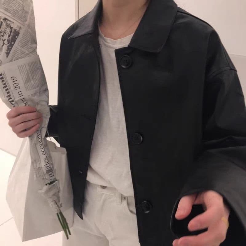 한국 chic 가을 레트로 잘 생긴 폴로 칼라 싱글 줄 버튼 루즈핏 캐주얼 긴팔 오토바이 서비스 가죽 재킷 짧은 여성 코트 상세 이미지 17