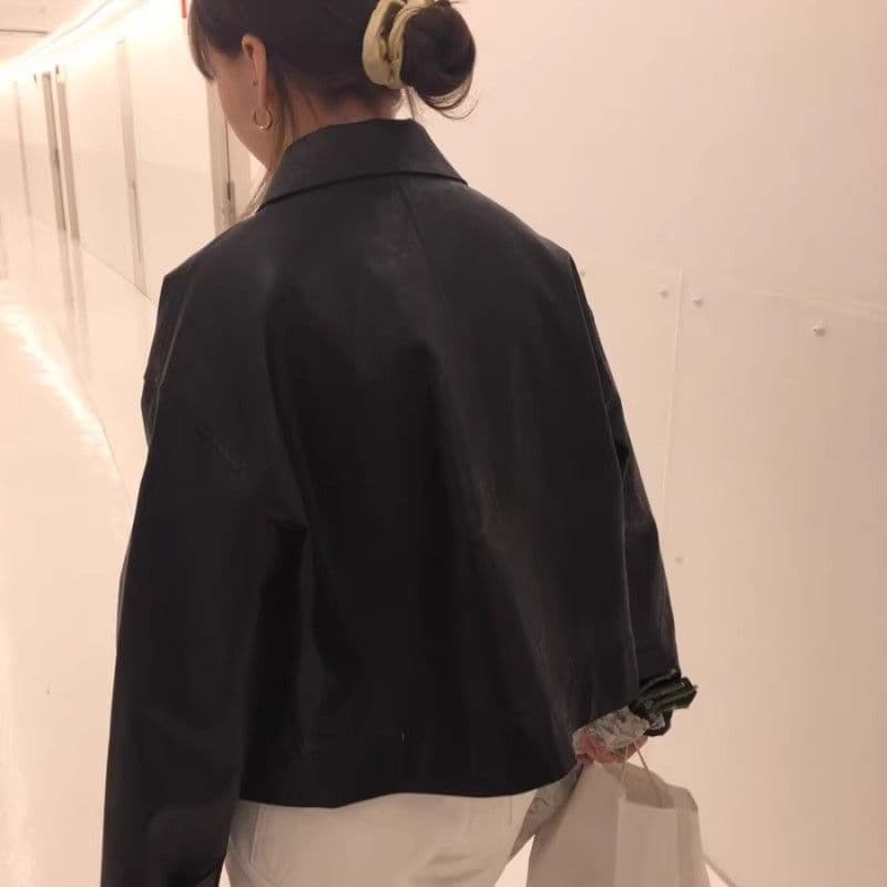 한국 chic 가을 레트로 잘 생긴 폴로 칼라 싱글 줄 버튼 루즈핏 캐주얼 긴팔 오토바이 서비스 가죽 재킷 짧은 여성 코트 상세 이미지 18