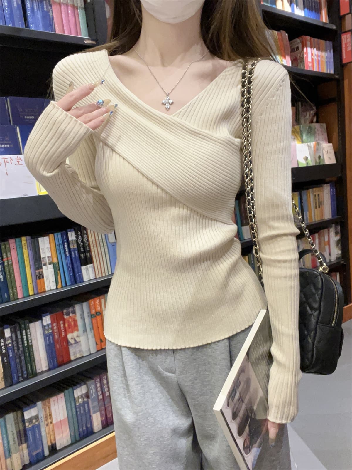 순수한 욕망 바람이 아닙니다. 규칙 십자가 V넥 긴팔 니트 기본 셔츠 여성 가을 겨울 인사이드 가져 가라. 몸매 가꾸기 구덩이 기사 스웨터 맨위 상세 이미지 18