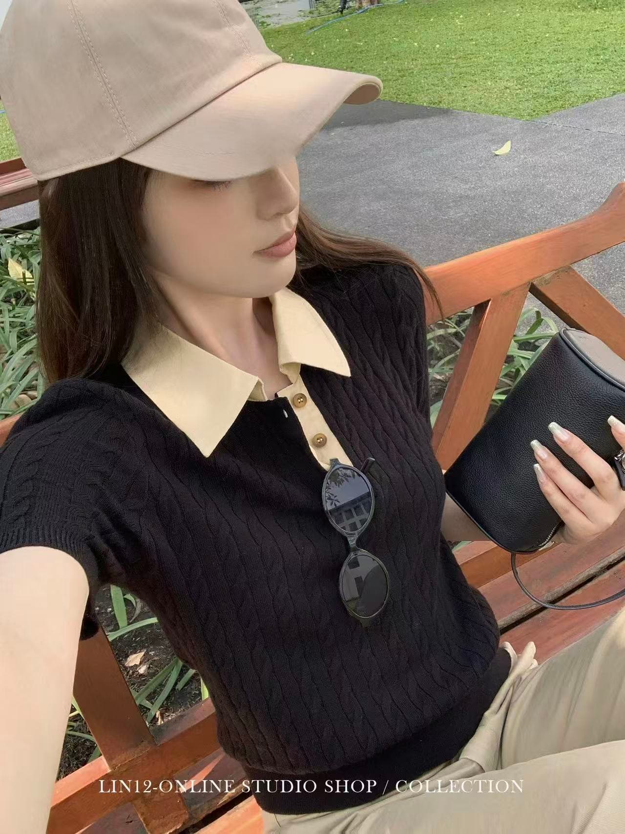 lin12-ivy style 레트로 POLO 칼라 꽈배기 반팔 양모 니트 스웨터 오래된 돈 긍정적 인 어깨 몸매 가꾸기 맨위 이미지 2