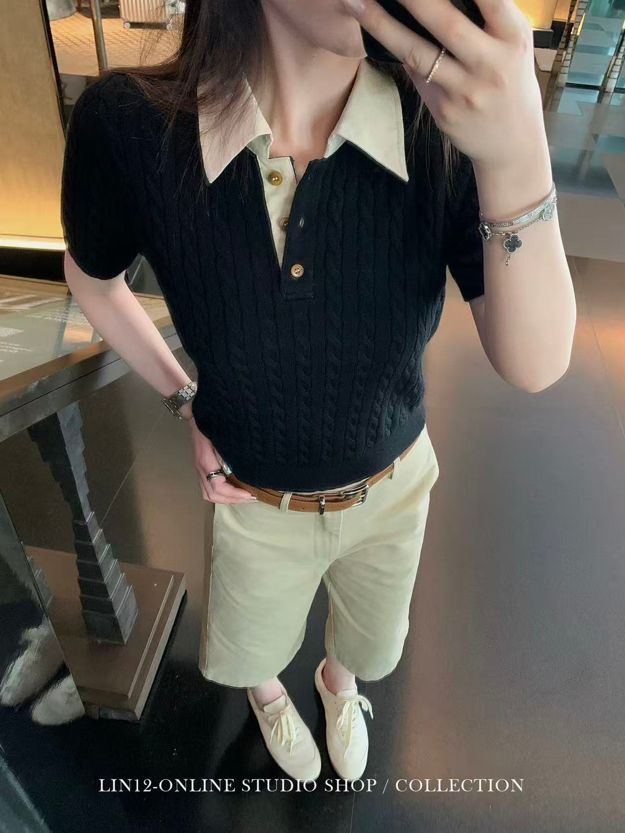 lin12-ivy style 레트로 POLO 칼라 꽈배기 반팔 양모 니트 스웨터 오래된 돈 긍정적 인 어깨 몸매 가꾸기 맨위 이미지 4
