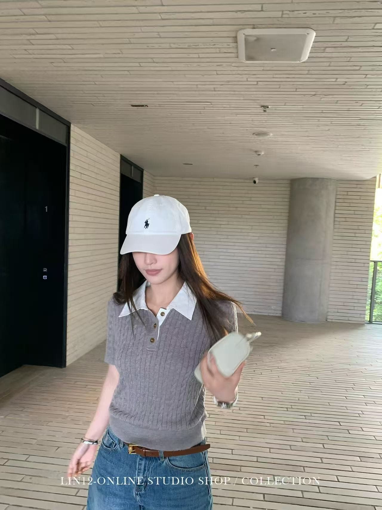 lin12-ivy style 레트로 POLO 칼라 꽈배기 반팔 양모 니트 스웨터 오래된 돈 긍정적 인 어깨 몸매 가꾸기 맨위 이미지 3