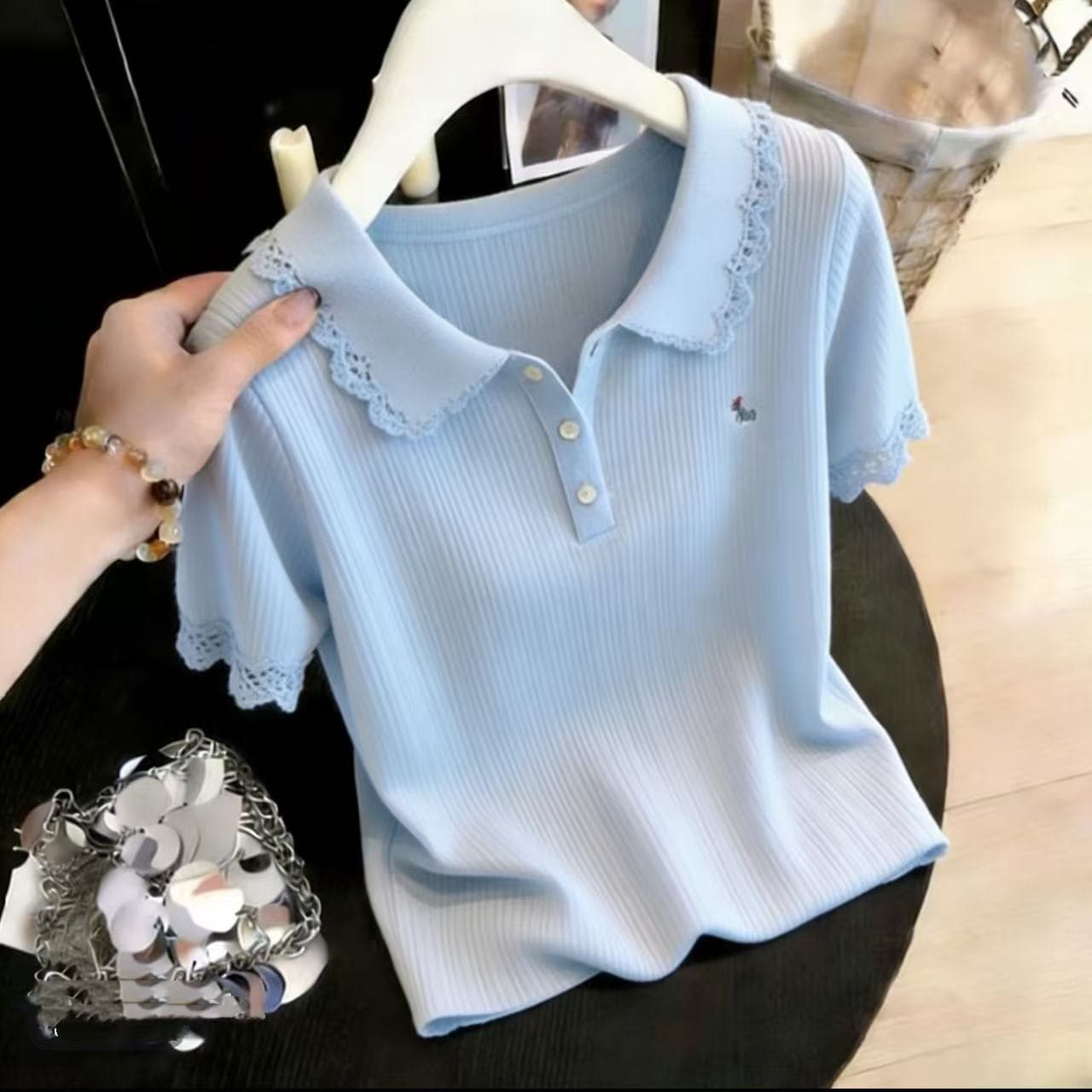 한 부서 레이스 조각 반팔 POLO 칼라 니트 스웨터 여성 2026 여름 새로운 부드러운 연령 감소 티셔츠 맨위 이미지 5