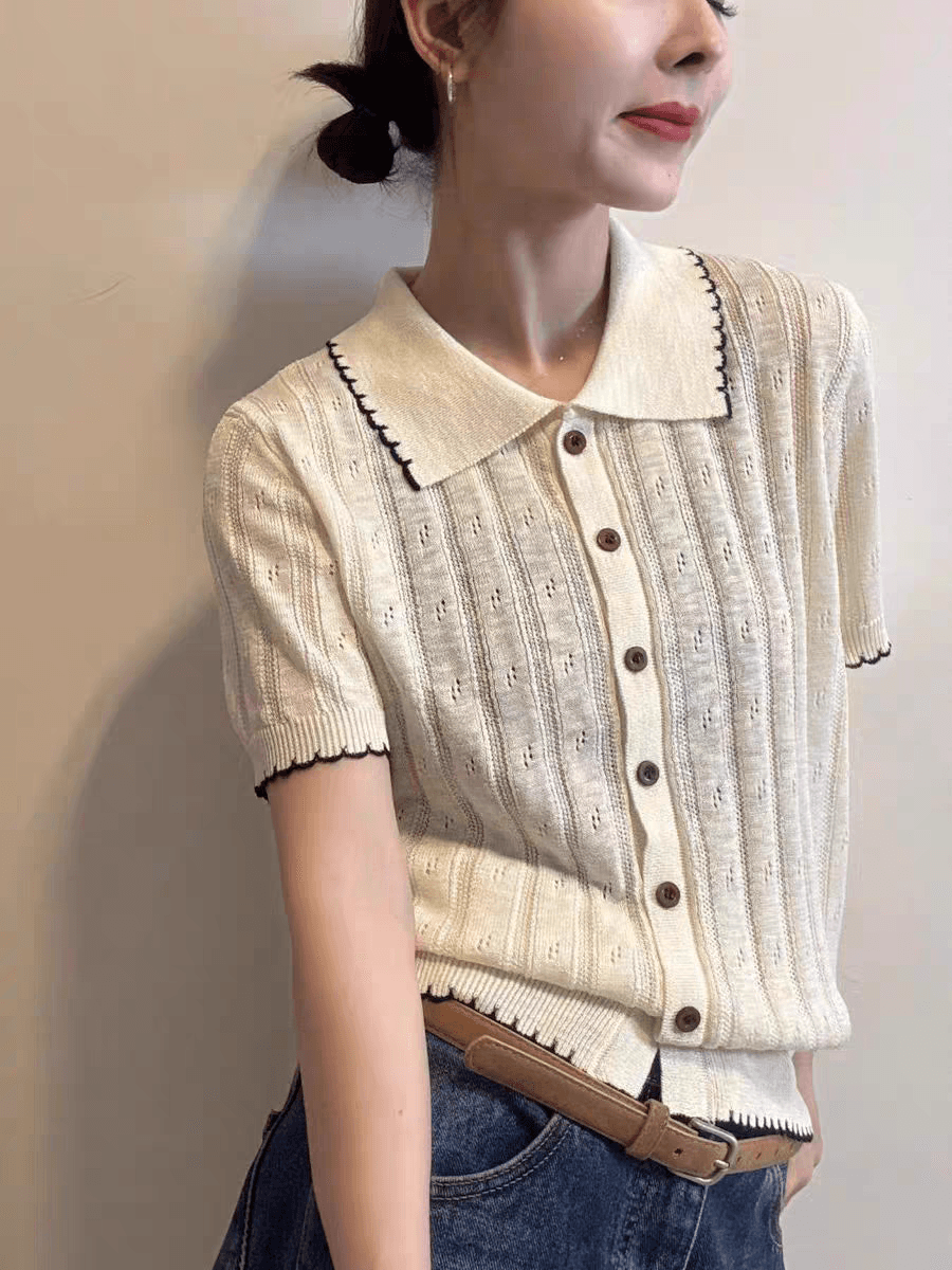 패치워크 색상 폴로 칼라 얇은 스타일 반팔 티셔츠 여성 루즈핏 여름 드레스 새로운 한 부서 다용도 싱글 줄 버튼 니트 오픈 가디건 맨위 이미지 4