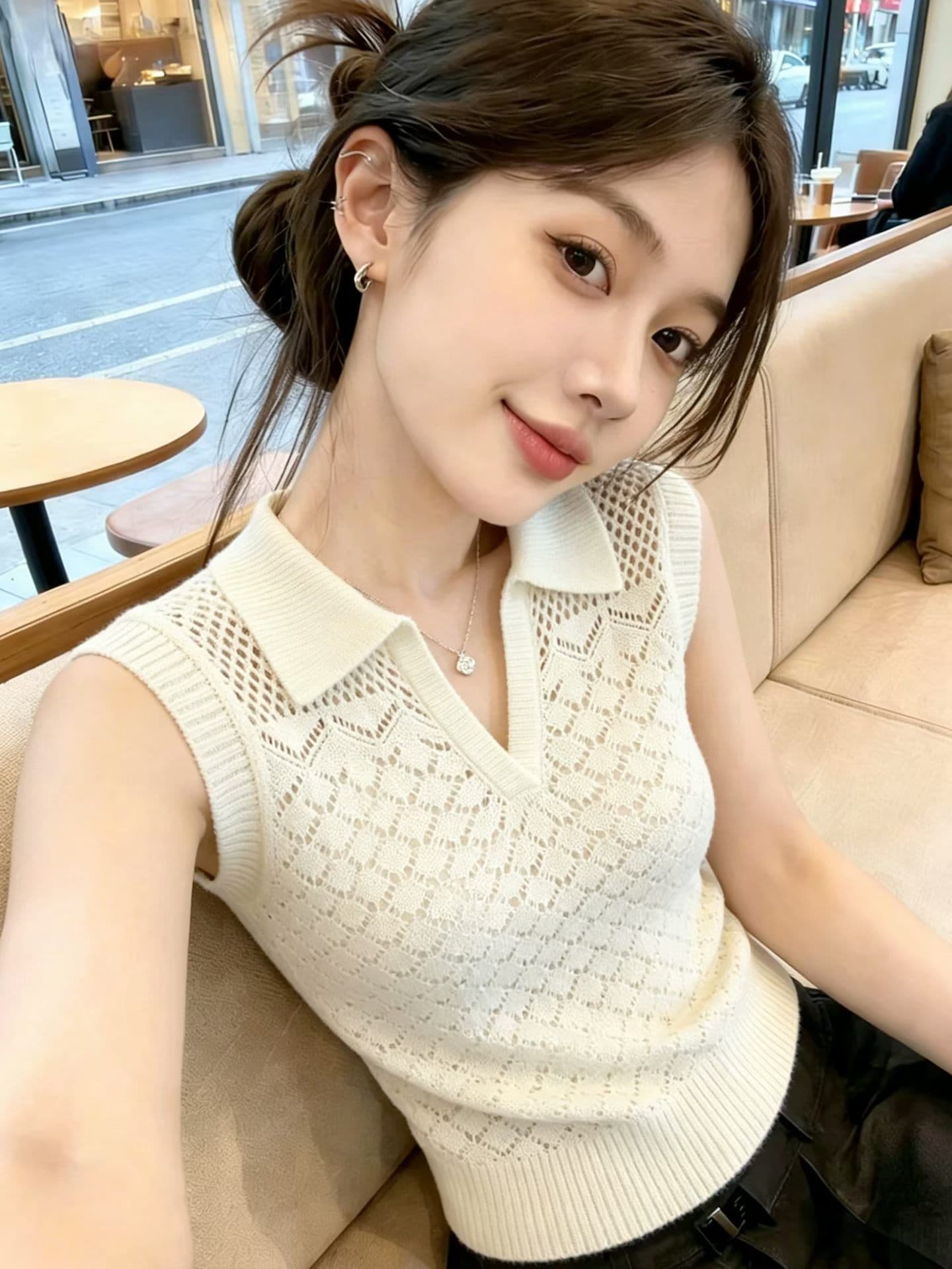 한 부서 자수 홀로우 아웃 폴로 칼라 얼음 실크 니트 조끼 여성 여름 외출용 디자인 센스 품격 슬림해 보이는 민소매 맨위 상세 이미지 1