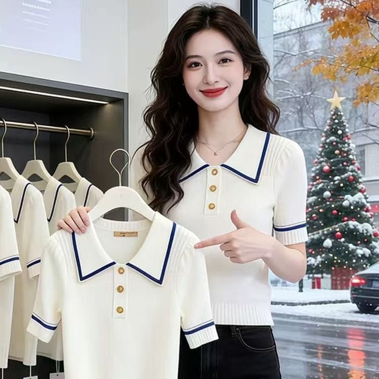 2026 여름 새로운 폴로 칼라 패션 반팔 외국 가스 털 니트 스웨터 여성 품격 몸매 가꾸기 슬림해 보이는 고급 센스 맨위