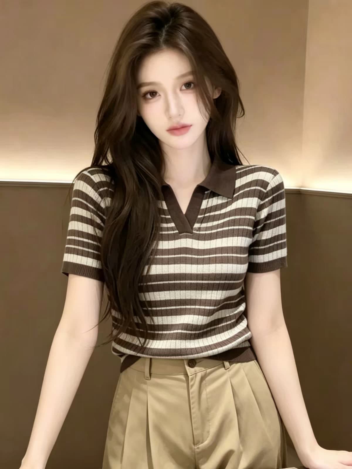 배색 스트라이프 POLO 칼라 얇은 스타일 니트 스웨터 여자 2026 새로운 여름 고유 한 아름다운 니트 반팔 맨위 이미지 2
