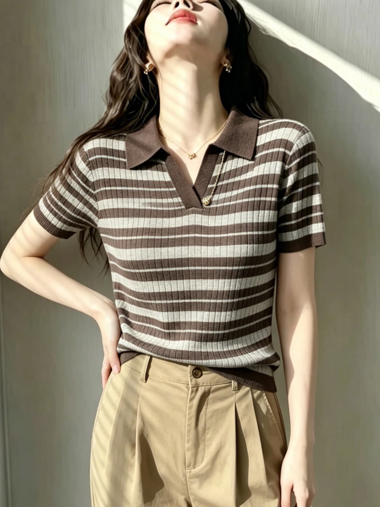 배색 스트라이프 POLO 칼라 얇은 스타일 니트 스웨터 여자 2026 새로운 여름 고유 한 아름다운 니트 반팔 맨위 이미지 4