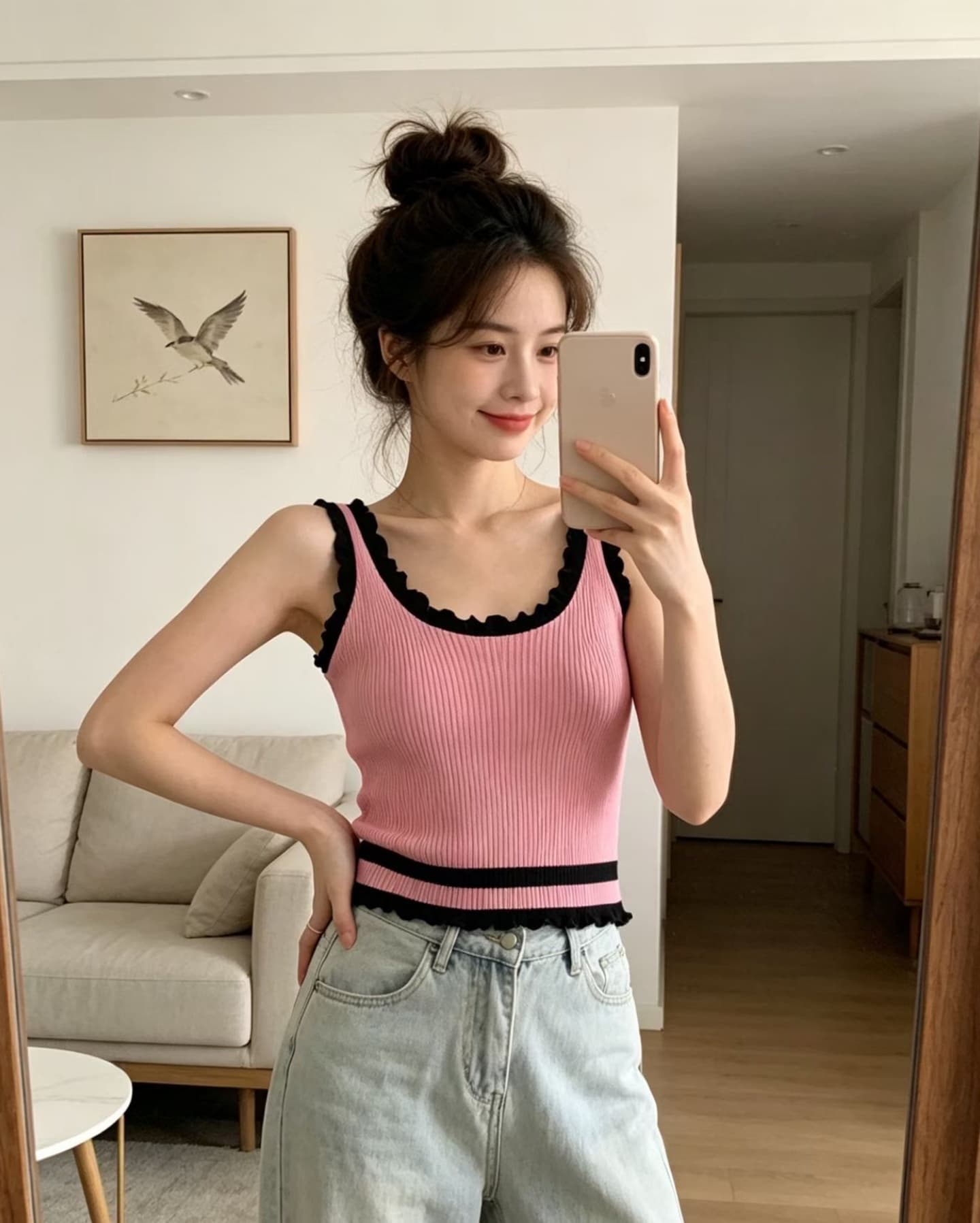 느긋한 바람 배색 프릴 민소매 캐미솔 여름 새로운 캐주얼 바람 패션 연령 감소 맨위 이미지 3