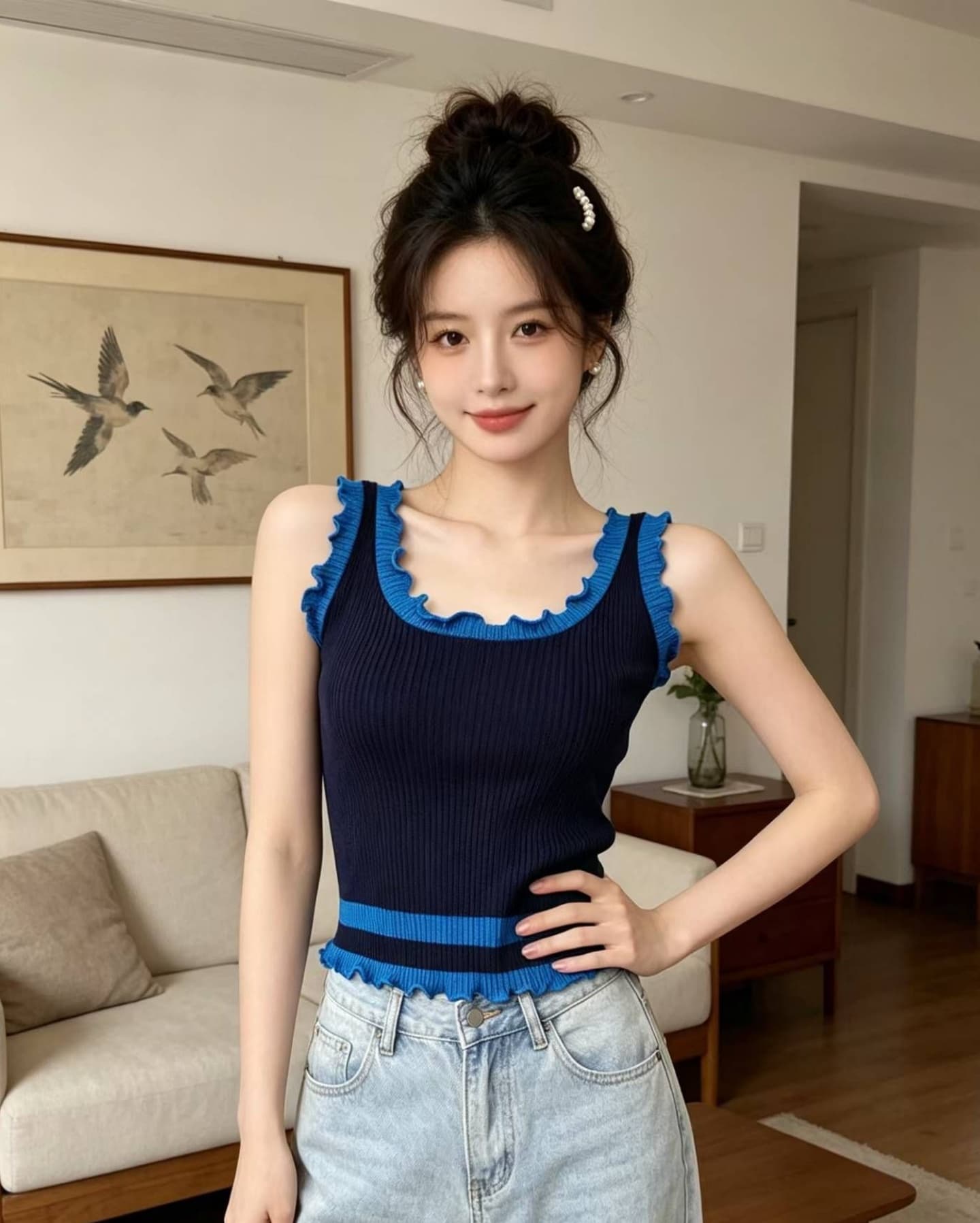 느긋한 바람 배색 프릴 민소매 캐미솔 여름 새로운 캐주얼 바람 패션 연령 감소 맨위 상세 이미지 2