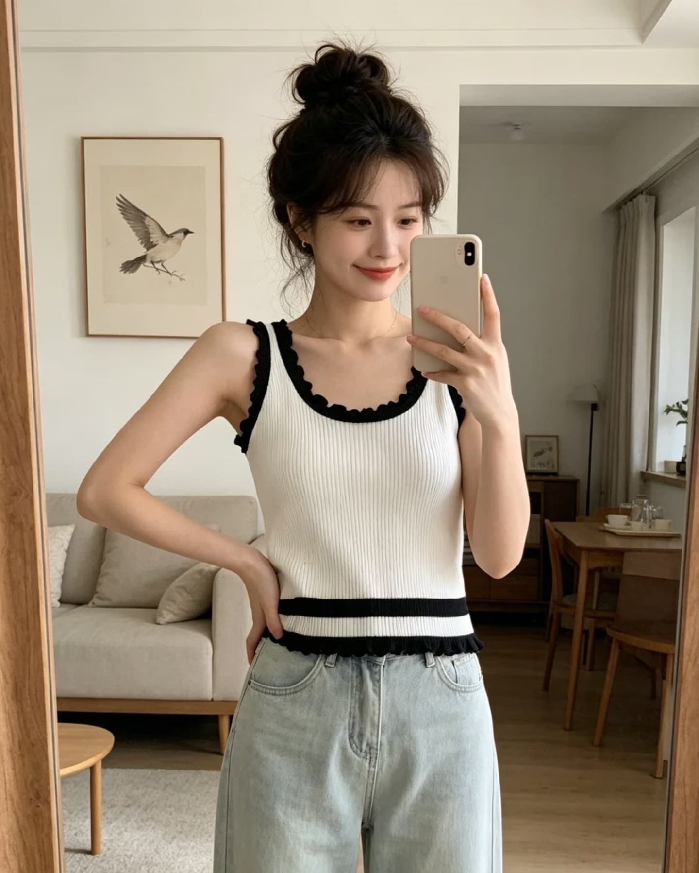 느긋한 바람 배색 프릴 민소매 캐미솔 여름 새로운 캐주얼 바람 패션 연령 감소 맨위 상세 이미지 4
