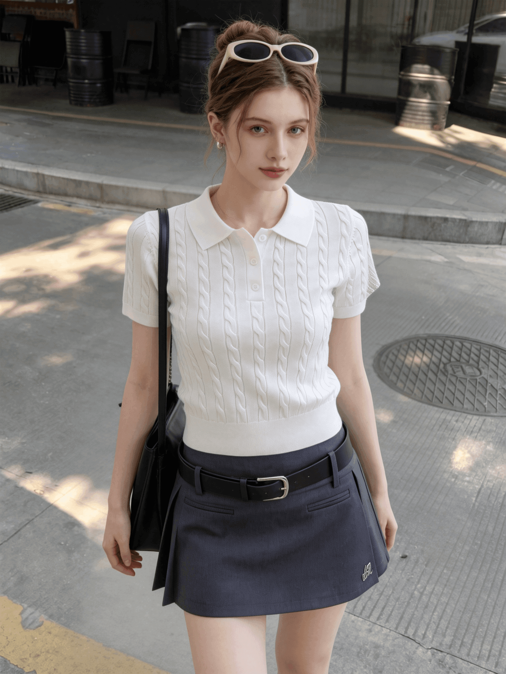 레트로 니트 스웨터 반팔 티셔츠 여성 여름 얇은 스타일 캐주얼 POLO 칼라 꽈배기 긍정적 인 어깨 작은 키 쇼트 스타일 맨위 상세 이미지 2