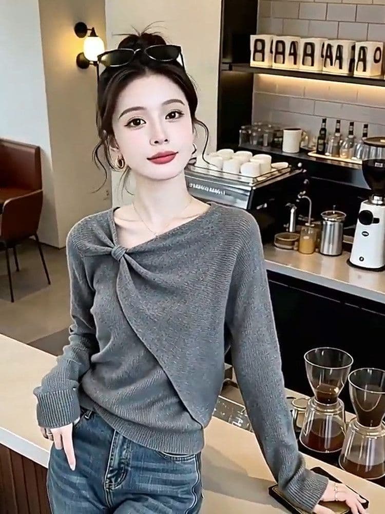 가을 겨울 느긋한 슬림해 보이는 비틀림 비스듬한 V넥 맨위 디자인 센스 출퇴근 레트로 스웨터 니트 기본 셔츠 여성 인사이드 가져 가라. 상세 이미지 5
