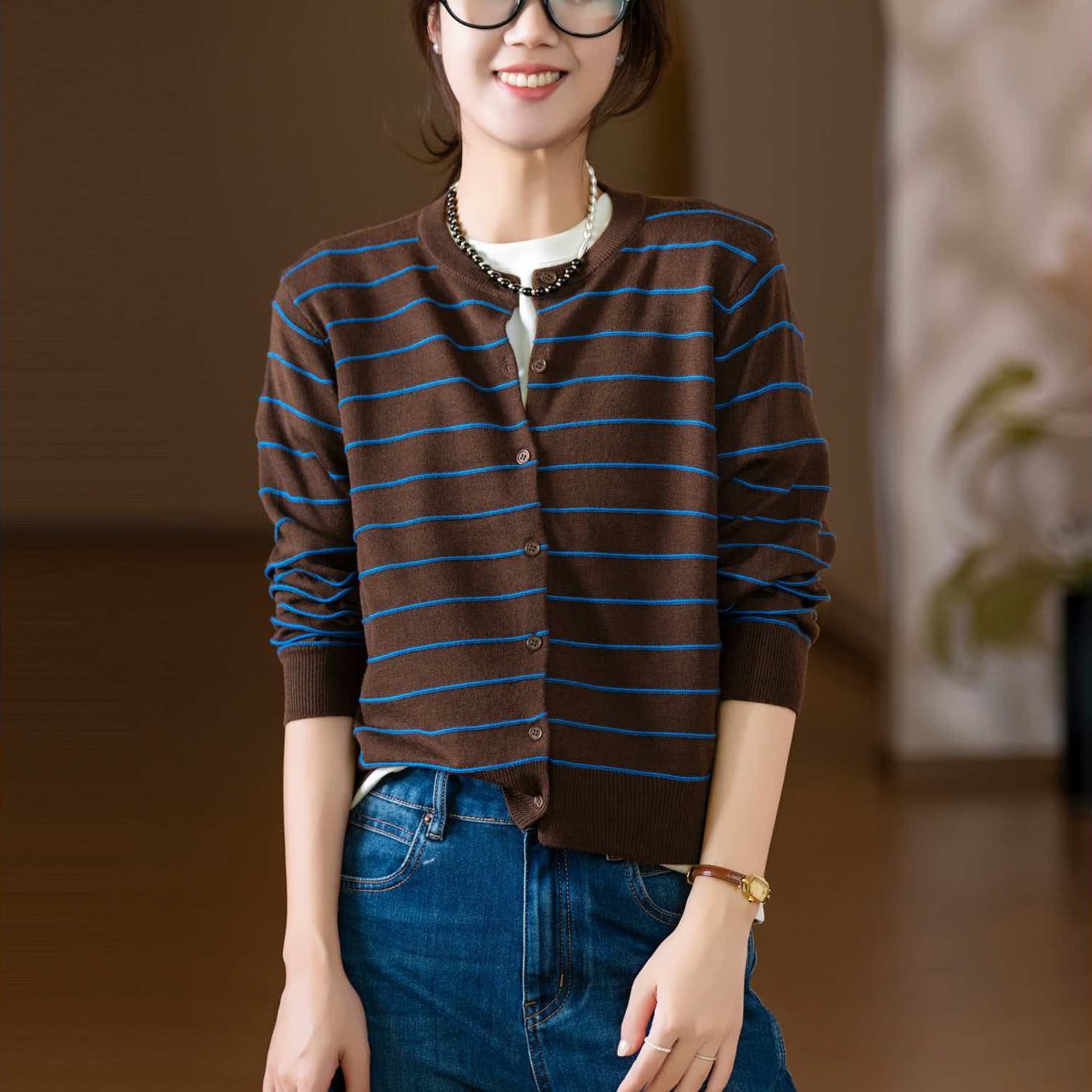 해군 스트라이프 니트 오픈 가디건 여성 이른 가을 2026 새로운 한 부서 착용 가져 가라. 긍정적 인 어깨 chic 스웨터 코트 맨위 이미지 2