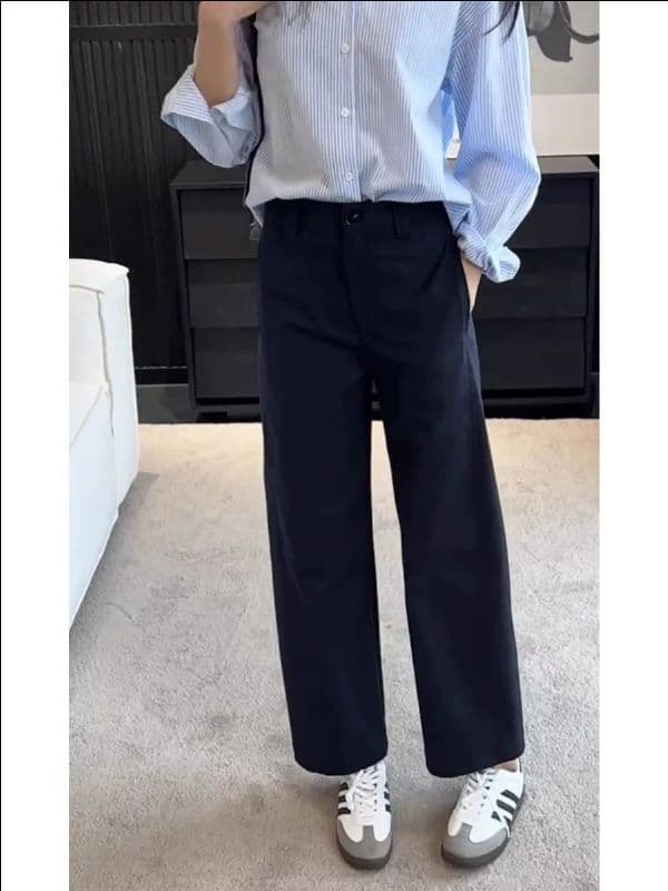 2026 봄 새로운 빅 사이즈 여성 의류 스트레이트 캐주얼 바지 디자인 센스 배 모양 몸 슬림해 보이는 9 포인트 워크웨어 바지 상세 이미지 1