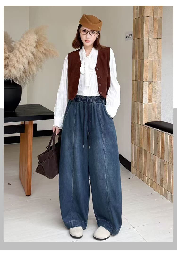 빅 사이즈 여성용 바지 지방 mm 슬림해 보이는 가을 겨울 허리밴드 펌프 로프 다용도 하렘 바지 루즈핏 캐주얼 데님 무 바지 상세 이미지 13