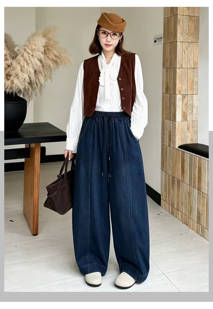넓은 다리 청바지 여성 허리밴드 새로운 가을 겨울 문예 느긋한 루즈핏 스트레이트 팬츠 슬림해 보이는 단색 다용도 긴 바지 상세 이미지 20