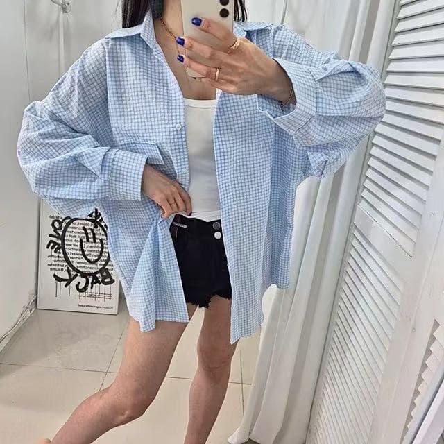 한국 스타일 가을 좋은 체크무늬 빅 포켓 셔츠 게으른 바람 캐주얼 긴팔 자외선 차단 의류 맨위 여성 재킷 셔츠 트렌디 이미지 3