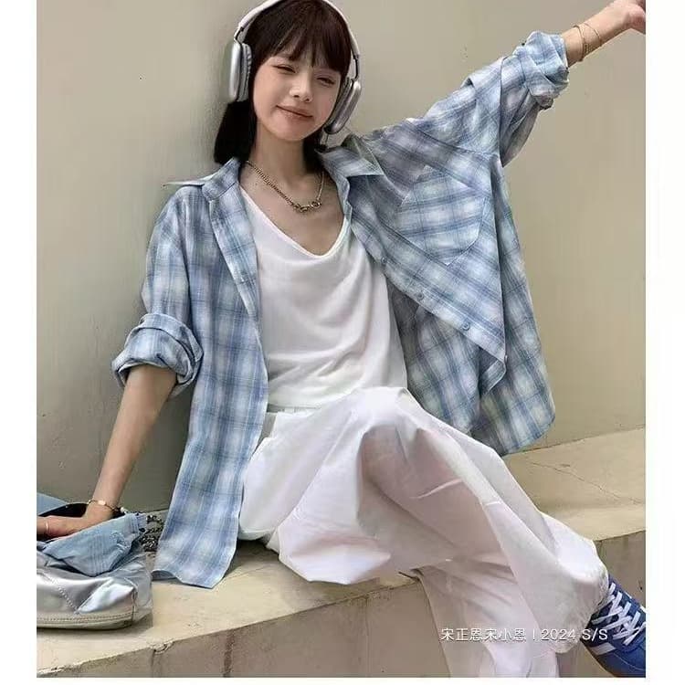 한국 스타일 봄 가을 체크무늬 하라주쿠 스타일 셔츠 캐주얼 작은 대중 루즈핏 게으른 다용도 패션 여성 코트 자외선 차단 셔츠 이미지 3