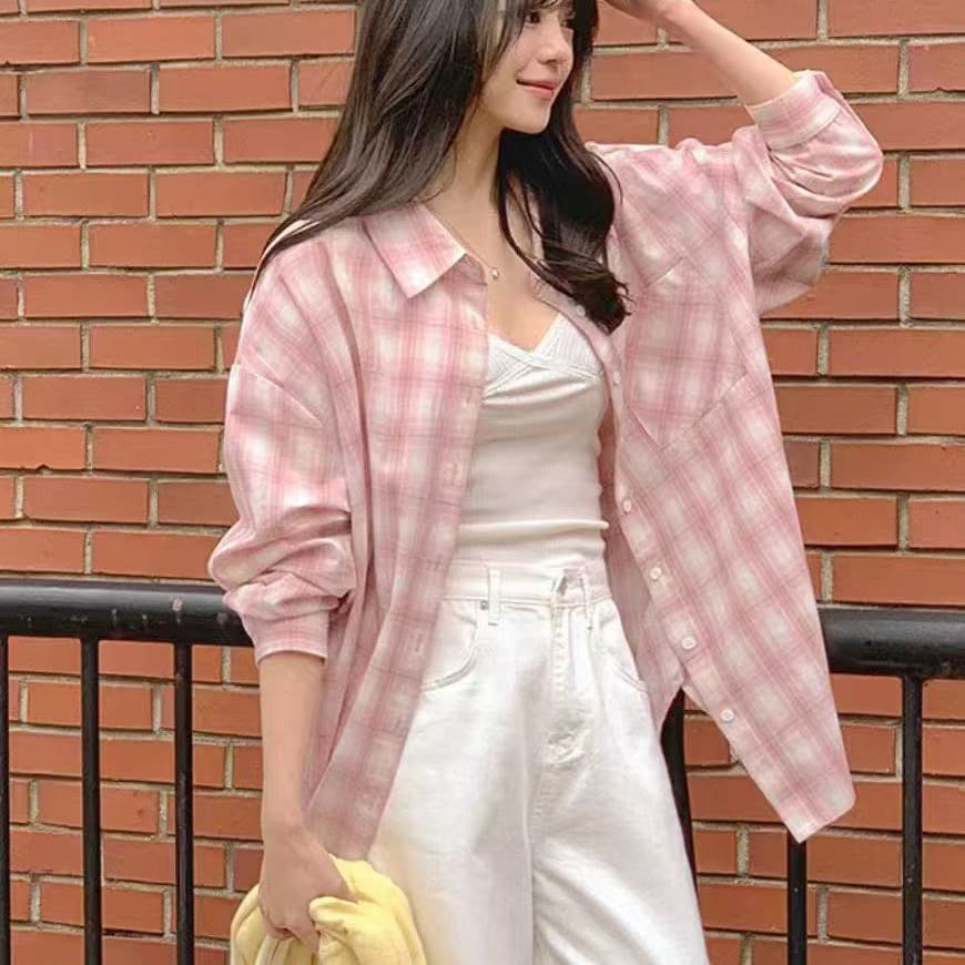 한국 스타일 봄 가을 체크무늬 하라주쿠 스타일 셔츠 캐주얼 작은 대중 루즈핏 게으른 다용도 패션 여성 코트 자외선 차단 셔츠 이미지 4