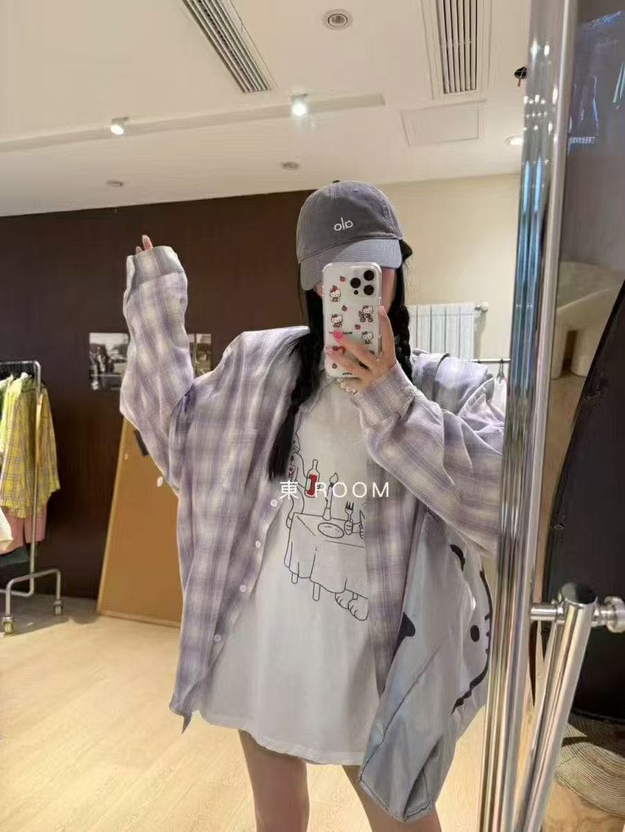 한국 스타일 봄 가을 체크무늬 하라주쿠 스타일 셔츠 캐주얼 작은 대중 루즈핏 게으른 다용도 패션 여성 코트 자외선 차단 셔츠 상세 이미지 6