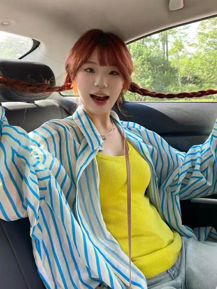한국 스타일 여름 루즈핏 스트라이프 셔츠 루즈핏 하라주쿠 스타일 패션 긴팔 다용도 자외선 차단 의류 여성 셔츠 셔츠 이미지 2