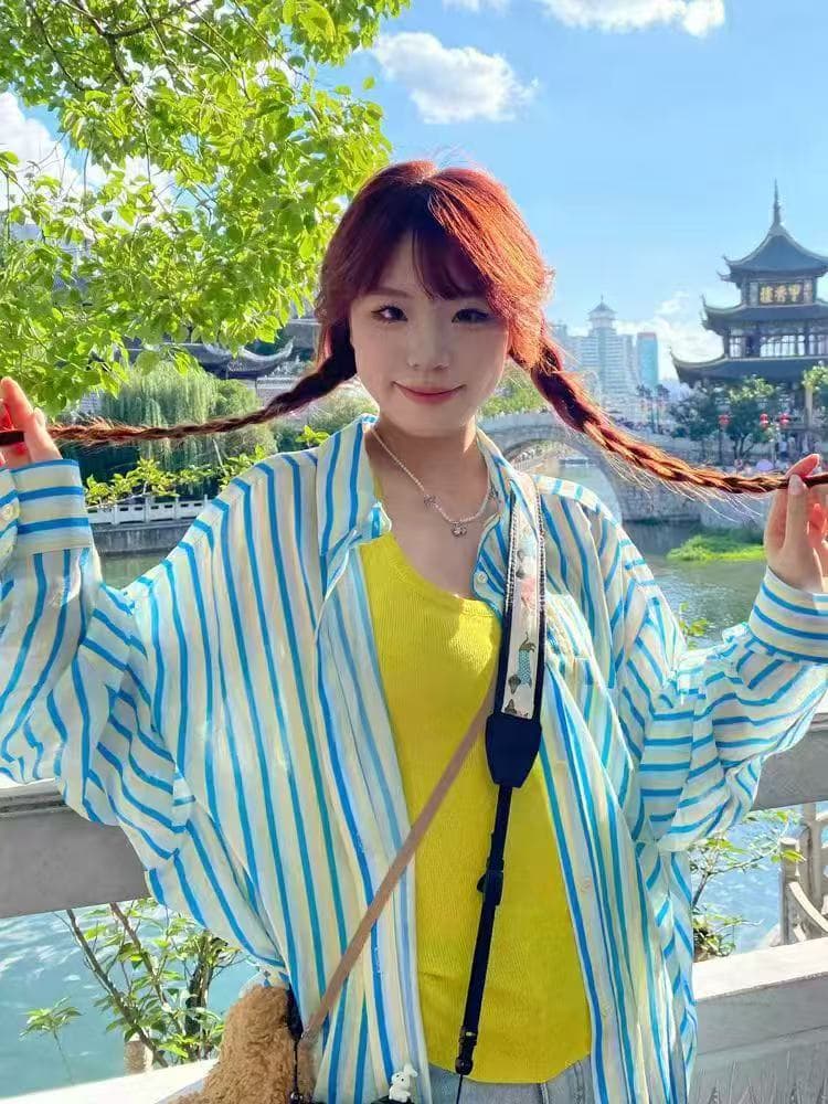 한국 스타일 여름 루즈핏 스트라이프 셔츠 루즈핏 하라주쿠 스타일 패션 긴팔 다용도 자외선 차단 의류 여성 셔츠 셔츠 이미지 4